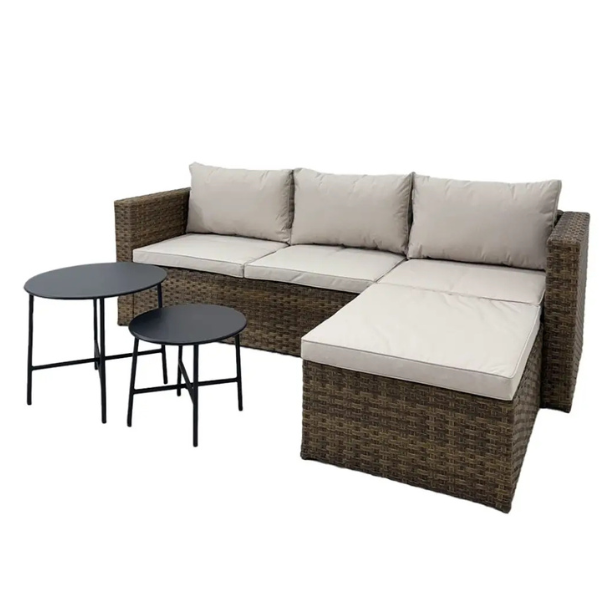 EX-7166 (5) Sofá Seccional en L Tokoa de Ratán Sintético y Tela Lino con Mesitas